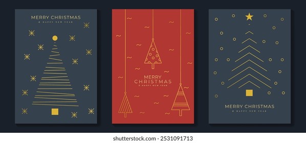 Luxury christmas invitation card art deco design vector. Christmas tree, star, bauble ball, candle line art on red and navy blue background. Design illustration for cover, poster, wallpaper.