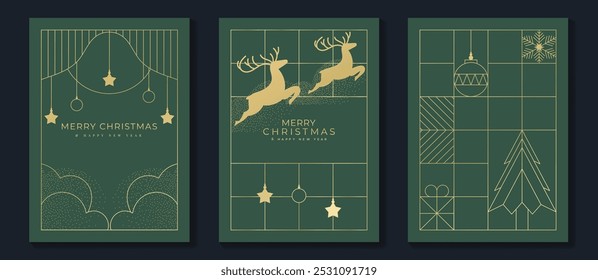 Luxury christmas invitation card art deco design vector. Christmas tree, reindeer, bauble ball, snowflake line art on green background. Design illustration for cover, poster, wallpaper.