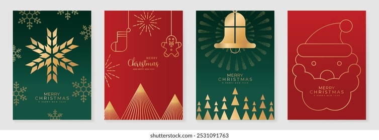 Vector de diseño art deco de tarjeta de invitación de Navidad de lujo. Árbol de Navidad, bola de chuchería, copo de nieve en el arte de línea de textura del punto en fondo verde y rojo. Ilustración de diseño para portada, póster, Fondo de pantalla.