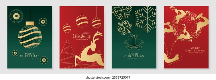 Vector de diseño art deco de tarjeta de invitación de Navidad de lujo. Navidades de chuchería, renos, arte de línea de árbol, textura de punto sobre fondo verde y rojo. Ilustración de diseño para portada, impresión, póster, Fondo de pantalla.