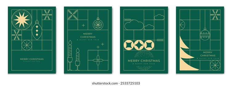 Vector de diseño art deco de tarjeta de invitación de Navidad de lujo. Árbol de Navidad, copo de nieve, arte de la línea de la vela, textura del punto en fondo verde. Ilustración de diseño para portada, impresión, póster, Fondo de pantalla.