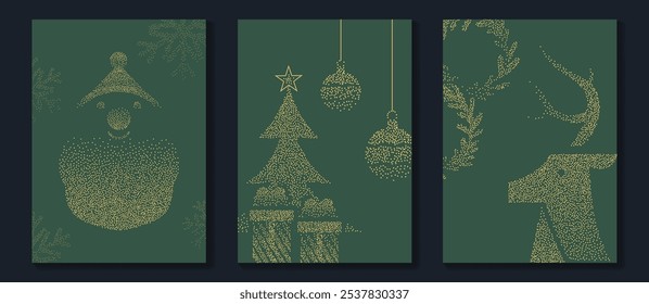 Vetor de design art deco de convites de Natal de luxo. Árvore de Natal, floco de neve, rena, Papai Noel, textura de ponto no fundo verde. Ilustração de design para capa, impressão, cartaz, papel de parede.