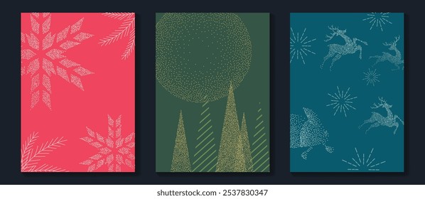 Vector de diseño art deco de tarjeta de invitación de Navidad de lujo. Árbol de navidad, copo de nieve, trineo de renos, textura de punto sobre fondo verde, rojo y azul marino. Ilustración de diseño para portada, impresión, póster.