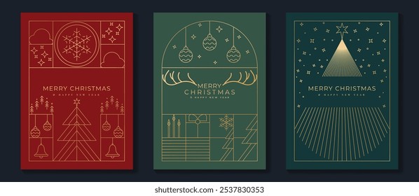 Vector de diseño art deco de tarjeta de invitación de Navidad de lujo. Árbol de Navidad, estrella, bola de chuchería, arte de la línea de la vela sobre fondo verde, rojo y azul marino. Ilustración de diseño para portada, póster, Fondo de pantalla.