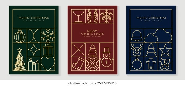 Luxury christmas invitation card art deco design vector. Christmas tree, star, bauble ball, candle line art on green, red and navy blue background. Design illustration for cover, poster, wallpaper.