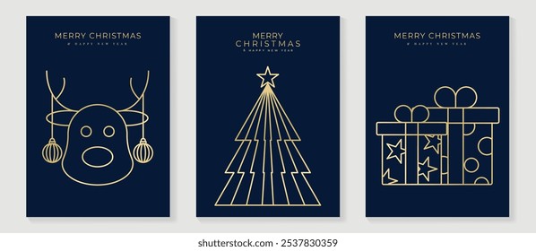 Vector de diseño art deco de tarjeta de invitación de Navidad de lujo. Árbol de Navidad, reno, arte de línea de regalo sobre fondo azul marino. Ilustración de diseño para portada, póster, Fondo de pantalla.