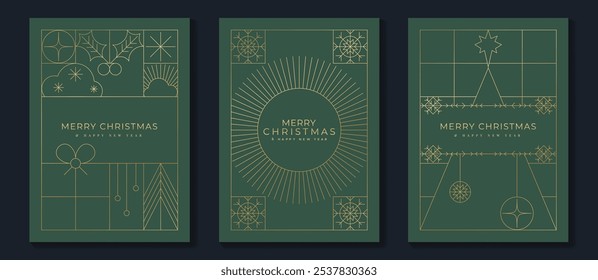 Luxury christmas invitation card art deco design vector. Christmas bauble, holly, tree, gift line art on green background. Design illustration for cover, poster, wallpaper.