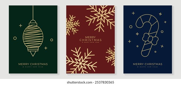 Luxury christmas invitation card art deco design vector. Christmas bauble, snowflake, candy cane line art on green, red and navy blue background. Design illustration for cover, poster, wallpaper.