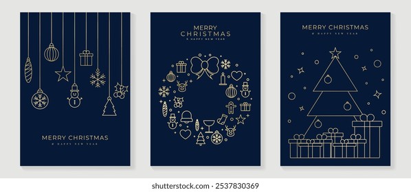 Vetor de design art deco de convites de Natal de luxo. Árvore de Natal, rena, presente, bola de bauble, boneco de neve arte linha no fundo azul marinho. Ilustração de design para capa, cartaz, papel de parede.