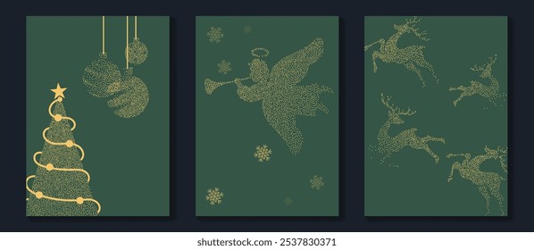 Luxury christmas invitation card art deco design vector. Christmas tree, snowflake, reindeer, angle, spot texture on green background. Design illustration for cover, print, poster, wallpaper.