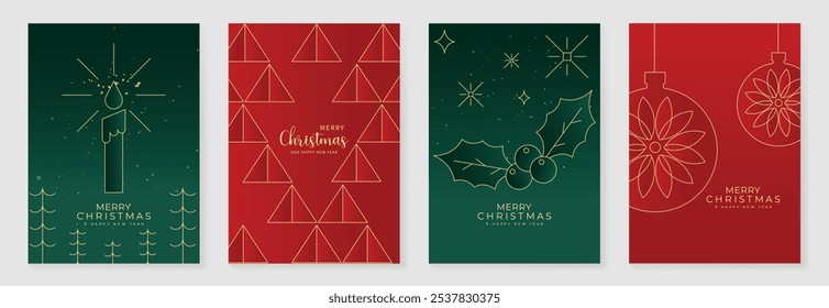 Vetor de design art deco de convites de Natal de luxo. Natal bauble, holly, vela linha arte em fundo verde e vermelho. Ilustração de design para capa, cartaz, papel de parede.