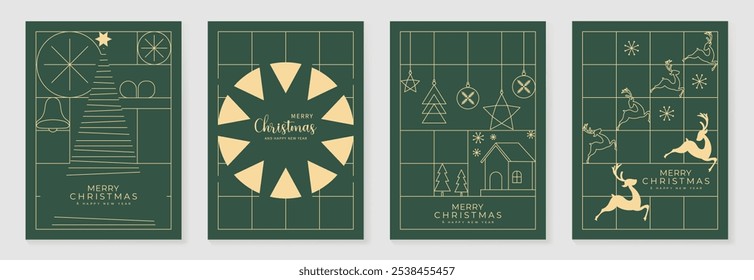 Vetor de design art deco de convites de Natal de luxo. Baile de Natal, rena, casa, arte de linha de árvore em fundo verde. Ilustração de design para capa, impressão, cartaz, papel de parede.