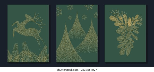 Vector de diseño art deco de tarjeta de invitación de Navidad de lujo. Árbol de Navidad, copo de nieve, textura de punto de reno sobre fondo verde. Ilustración de diseño para portada, impresión, póster, Fondo de pantalla.