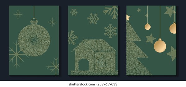 Vector de diseño art deco de tarjeta de invitación de Navidad de lujo. Árbol de navidad, copo de nieve, textura del punto de la casa sobre fondo verde. Ilustración de diseño para portada, impresión, póster, Fondo de pantalla.