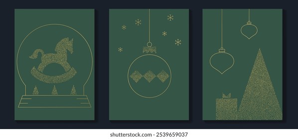 Vector de diseño art deco de tarjeta de invitación de Navidad de lujo. Árbol de navidad, copo de nieve, bola de chuchería textura de punto sobre fondo verde. Ilustración de diseño para portada, impresión, póster, Fondo de pantalla.