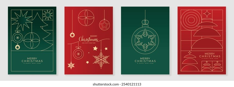 Vector de diseño art deco de tarjeta de invitación de Navidad de lujo. Navidades de chuchería, arte de la línea del árbol sobre fondo verde y rojo. Ilustración de diseño para portada, impresión, póster, Fondo de pantalla.