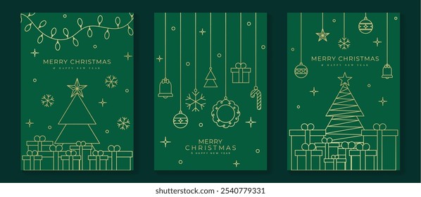 Vector de diseño art deco de tarjeta de invitación de Navidad de lujo. Árbol de Navidad, estrella, bola de chuchería, corona de oro línea de arte sobre fondo verde. Ilustración de diseño para la cubierta de las vacaciones, cartel de felicitación de la temporada.