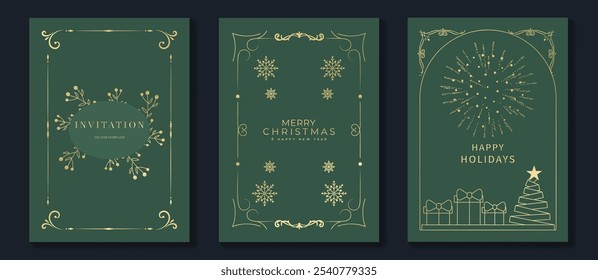 Luxury christmas invitation card art deco design vector. Christmas tree, snowflake, gift, foliage gold line art on green background. Design illustration for holidays cover, season's greeting poster.