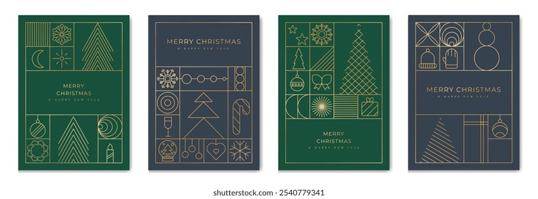 Luxury christmas invitation card art deco design vector. Christmas tree, star, bauble ball, candle gold line art on green background. Design illustration for holidays cover, season's greeting poster.