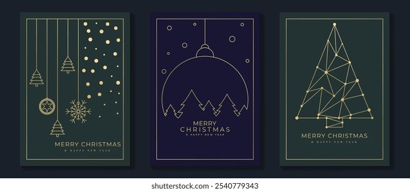 Luxury christmas invitation card art deco design vector. Christmas tree, star, bauble ball, candle gold line art on green background. Design illustration for holidays cover, season's greeting poster.