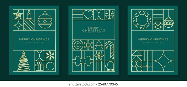 Luxury christmas invitation card art deco design vector. Christmas tree, star, bauble ball, candle gold line art on green background. Design illustration for holidays cover, season's greeting poster.