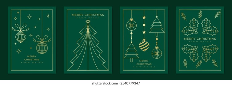 Luxury christmas invitation card art deco design vector. Christmas tree, star, bauble ball, candle gold line art on green background. Design illustration for holidays cover, season's greeting poster.