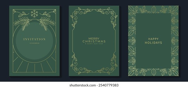 Luxury christmas invitation card art deco design vector. Christmas holly, snowflake gold line art on green background. Design illustration for holidays cover, season's greeting poster.