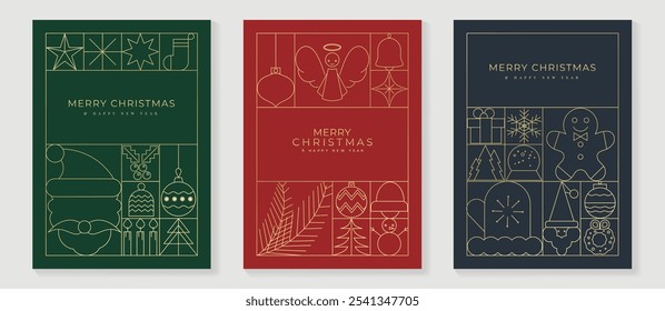 Luxury christmas invitation card art deco design vector. Christmas tree, star, bauble ball, candle line art on green, red and navy blue background. Design illustration for cover, poster, wallpaper.