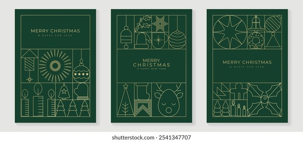 Luxury christmas invitation card art deco design vector. Christmas tree, star, bauble ball, candle, reindeer line art on green background. Design illustration for cover, poster, wallpaper.