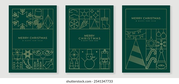 Vector de diseño art deco de tarjeta de invitación de Navidad de lujo. Árbol de Navidad, estrella, bola de chuchería, vela, muñeco de nieve, arte de la línea de Santa en fondo verde. Ilustración de diseño para portada, póster, Fondo de pantalla.