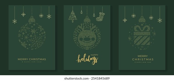 Vector de diseño art deco de tarjeta de invitación de Navidad de lujo. Árbol de Navidad, corona, reno, copos de nieve arte de línea sobre fondo verde. Ilustración del diseño para la cubierta, saludo, impresión, cartel, Fondo de pantalla.