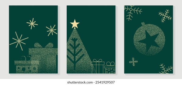 Vector de diseño art deco de tarjeta de invitación de Navidad de lujo. Árbol de Navidad, copo de nieve, chuchería, textura del punto del regalo en fondo verde. Ilustración de diseño para el cartel de felicitación de la temporada, cubierta.