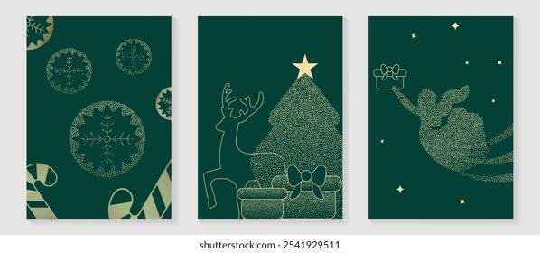 Vector de diseño art deco de tarjeta de invitación de Navidad de lujo. Árbol de Navidad, chuchería, regalo, reno, ángel, textura del punto en fondo verde. Ilustración de diseño para el cartel de felicitación de la temporada, cubierta.