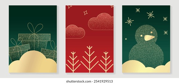 Luxury christmas invitation card art deco design vector. Christmas tree, snowman, gift, cloud, spot texture on green and red background. Design illustration for season's greeting poster, cover.