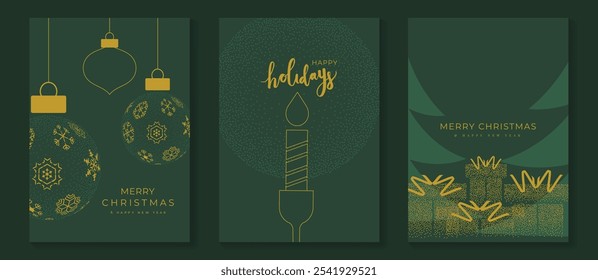 Vector de diseño art deco de tarjeta de invitación de Navidad de lujo. Árbol de Navidad, chuchería, regalo, vela, textura del punto en fondo verde. Ilustración de diseño para el cartel de felicitación de la temporada, cubierta.