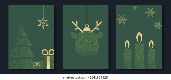 Luxury christmas invitation card art deco design vector. Christmas tree, snowflake, bauble, reindeer spot texture on green background. Design illustration for season's greeting poster, cover.