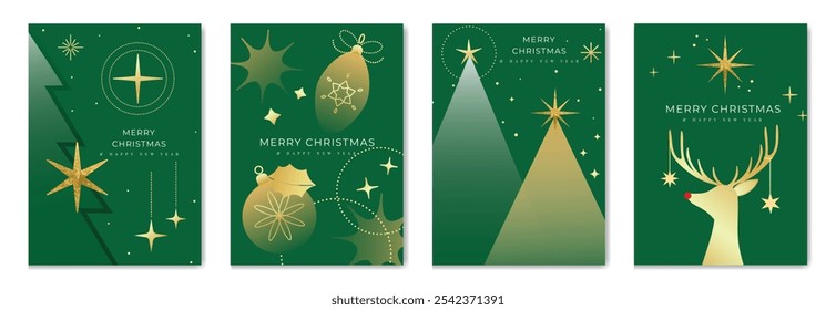 Vetor de design art deco de convites de Natal de luxo. Árvore de Natal, floco de neve, bauble, rena, textura de folha de ouro em fundo verde. Ilustração de design para o cartaz de saudação da estação, capa.