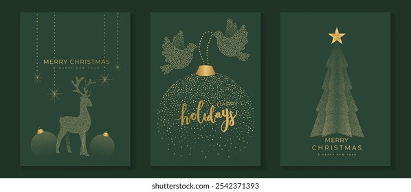 Vector de diseño art deco de tarjeta de invitación de Navidad de lujo. Árbol de Navidad, chuchería, reno, pájaro, textura del punto en fondo verde. Ilustración de diseño para el cartel de felicitación de la temporada, cubierta.