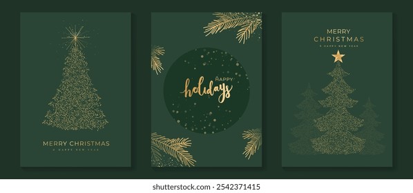 Vector de diseño art deco de tarjeta de invitación de Navidad de lujo. Árbol de navidad, hojas de pino, textura de punto sobre fondo verde. Ilustración de diseño para el cartel de felicitación de la temporada, cubierta.