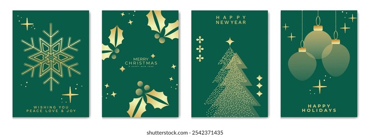 Luxury christmas invitation card art deco design vector. Christmas tree, snowflake, bauble, holly, spot texture on green background. Design illustration for season's greeting poster, cover.