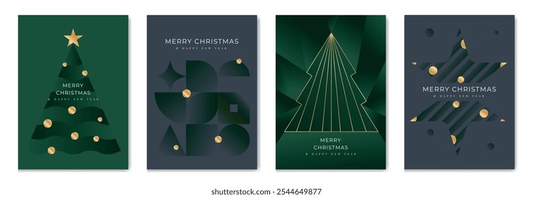 Vector de diseño art deco de tarjeta de invitación de Navidad de lujo. Árbol de Navidad, chuchería, estrella, forma geométrica sobre fondo verde y gris. Ilustración de diseño para el cartel de felicitación de la temporada, cubierta.