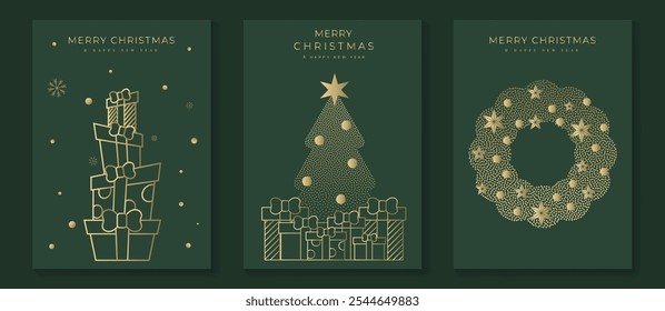 Vector de diseño art deco de tarjeta de invitación de Navidad de lujo. Árbol de Navidad, chuchería, regalo, corona, textura del punto en fondo verde. Ilustración de diseño para el cartel de felicitación de la temporada, cubierta.