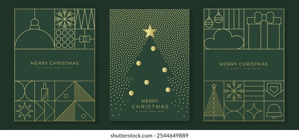 Vector de diseño art deco de tarjeta de invitación de Navidad de lujo. Árbol de navidad, chuchería, regalo, vela, sobre, punto textura sobre fondo verde. Ilustración de diseño para el cartel de felicitación de la temporada, cubierta.