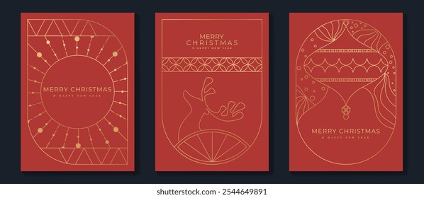 Luxury christmas invitation card art deco design vector. Christmas tree, bauble, reindeer, line art on red background. Design illustration for season's greeting poster, cover.