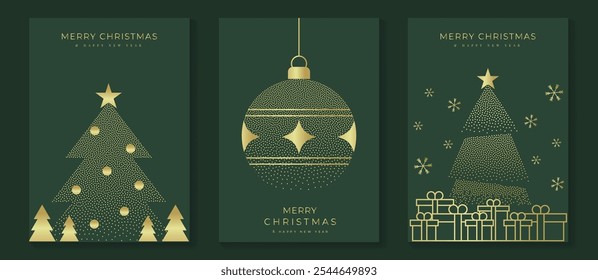 Vector de diseño art deco de tarjeta de invitación de Navidad de lujo. Árbol de Navidad, chuchería, regalo, copo de nieve, textura del punto en fondo verde. Ilustración de diseño para el cartel de felicitación de la temporada, cubierta.