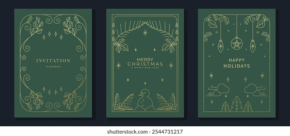 Vector de diseño art deco de tarjeta de invitación de Navidad de lujo. Árbol de Navidad, estrella, bola de chuchería, línea de oro de acebo arte sobre fondo verde. Ilustración de diseño para la cubierta de las vacaciones, cartel de felicitación de la temporada.