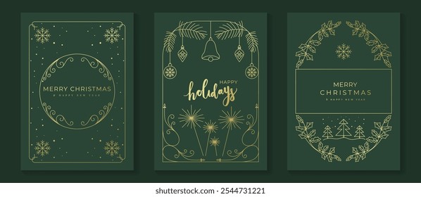 Vector de diseño art deco de tarjeta de invitación de Navidad de lujo. Árbol de Navidad, estrella, bola de chuchería, línea de oro de acebo arte sobre fondo verde. Ilustración de diseño para la cubierta de las vacaciones, cartel de felicitación de la temporada.