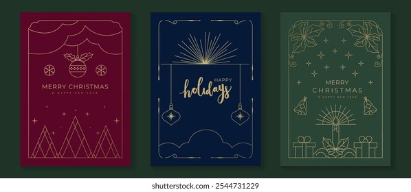 Vector de diseño art deco de tarjeta de invitación de Navidad de lujo. Árbol de Navidad, arte de la línea de oro de la chuchería en fondo verde, rojo y azul marino. Ilustración de diseño para la cubierta de las vacaciones, cartel de felicitación de la temporada.