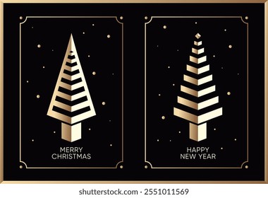 Navidades de lujo tarjeta de invitación diseño art deco, estilo de corte de papel. Árbol de Navidad, copo de nieve.  Ilustración vectorial.