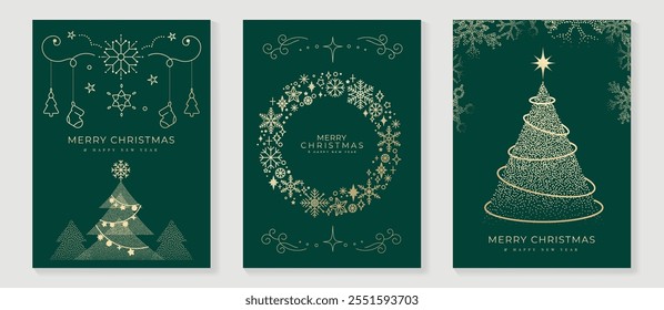 Luxury christmas invitation card art deco design vector. Christmas tree, snowflake, bauble, gift spot texture on green background. Design illustration for season's greeting poster, cover. 
